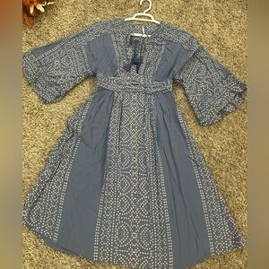 Free People Long Sleeve Dress in Blue with White Patterns
